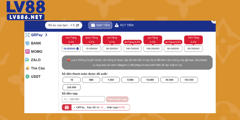 Hướng dẫn nạp tiền LV88 chi tiết